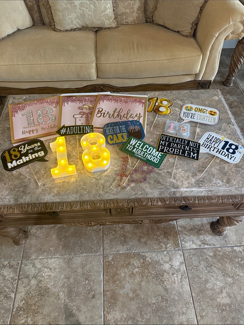 18th Birthday Party Photo Props and Marquee Number Decorations - Pink and Gold